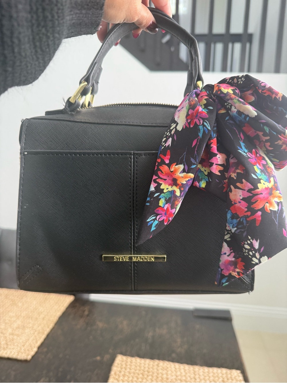 Steve Madden Black Satchel with Floral Scarf Accent